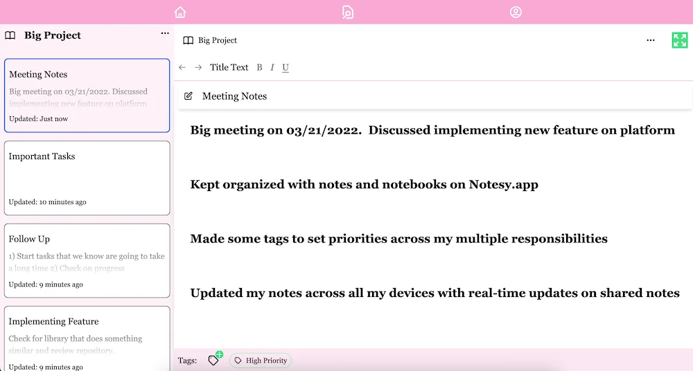 Notesy interface consisting of collections, notes, and tags. Notesy interface consisting of collections, notes, and tags.